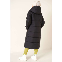 جاكيت T5120 طويل منفوخ للمحجبات بغطاء رأس - أسود T5120 Hooded Long Puffer Modest Jacket - Black