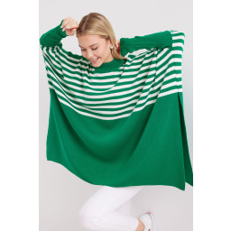 15783 بونشو تريكو فضفاض بفتحات جانبية - أخضر فاتح 15783 Slit Poncho Knit Sweater - Light Green
