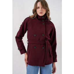 معطف نسائي شتوي بحزام 9162 - لون خمري Women's Belted Winter Coat 9162 - Burgundy