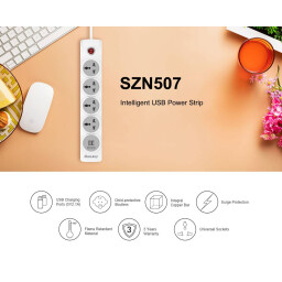 موزّع كهربائي Huntkey SUL507 – 4 منافذ + 2 USB بطول 3 متر Huntkey SUL507 Power Strip – 4 Sockets + 2 USB, 3m