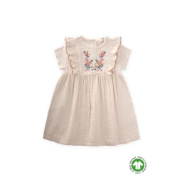 فستان أطفال من الموسلين العضوي بتطريز عرقي - طبيعي (1-7 سنوات) Ethnic Suzene Embroidered Organic Muslin Dress for Girls 1-7 Years - Natural