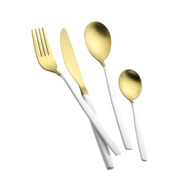 طقم أدوات مائدة كيارا فاخر ذهبي أبيض ستانلس ستيل 24 قطعة Kiara Luxury Gold and White Stainless Steel 24-Piece Cutlery Set