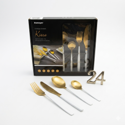 طقم أدوات مائدة كيارا فاخر ذهبي أبيض ستانلس ستيل 24 قطعة Kiara Luxury Gold and White Stainless Steel 24-Piece Cutlery Set
