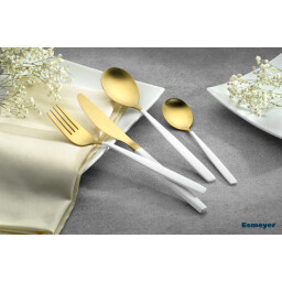 طقم أدوات مائدة كيارا فاخر ذهبي أبيض ستانلس ستيل 24 قطعة Kiara Luxury Gold and White Stainless Steel 24-Piece Cutlery Set
