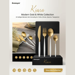 طقم أدوات مائدة كيارا فاخر ذهبي أبيض ستانلس ستيل 24 قطعة Kiara Luxury Gold and White Stainless Steel 24-Piece Cutlery Set