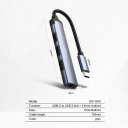 محول LDNIO DS-104C من Type-C إلى 3 منافذ USB 2.0 مع منفذ صوت 3.5 ملم LDNIO DS-104C Type-C to 3x USB 2.0 + 3.5mm Audio Adapter
