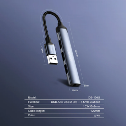 محول LDNIO DS-104U من USB-A إلى 3 منافذ USB 2.0 مع منفذ صوت 3.5 ملم LDNIO DS-104U USB-A to 3× USB 2.0 + 3.5mm Audio Adapter