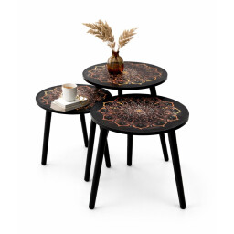 طقم طاولات جانبية دائرية بنقشة ماندالا فنية – 3 قطع 3-Piece Round Side Tables Set with Artistic Mandala Design