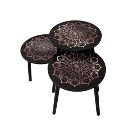 طقم طاولات جانبية دائرية بنقشة ماندالا فنية – 3 قطع 3-Piece Round Side Tables Set with Artistic Mandala Design