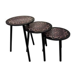 طقم طاولات جانبية دائرية بنقشة ماندالا فنية – 3 قطع 3-Piece Round Side Tables Set with Artistic Mandala Design
