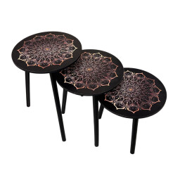 طقم طاولات جانبية دائرية بنقشة ماندالا فنية – 3 قطع 3-Piece Round Side Tables Set with Artistic Mandala Design