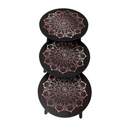 طقم طاولات جانبية دائرية بنقشة ماندالا فنية – 3 قطع 3-Piece Round Side Tables Set with Artistic Mandala Design