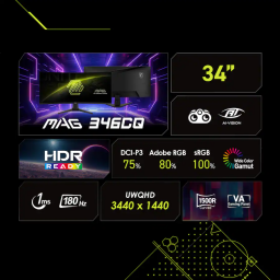 شاشة ألعاب منحنية (MSI MAG 346CQ) بحجم 34 بوصة - دقة UWQHD وتردد 180Hz MSI MAG 346CQ 34" Curved UWQHD 180Hz 1ms Adaptive-Sync Gaming Monitor - Metallic Black