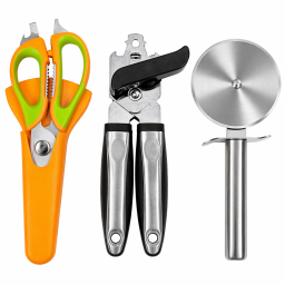 مجموعة قطاعة بيتزا وفتاحة علب ومقص مطبخ احترافي متكامل A complete professional kitchen set including a pizza cutter, can opener, and scissors