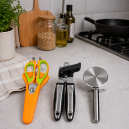 مجموعة قطاعة بيتزا وفتاحة علب ومقص مطبخ احترافي متكامل A complete professional kitchen set including a pizza cutter, can opener, and scissors