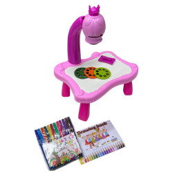 طاولة الرسم التعليمية بالبروجكتر للأطفال مع 24 رسمة و12 قلم تلوين مائي Kids Projector Drawing Table with 24 Patterns & 12 Water Color Pens