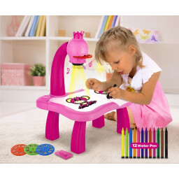 طاولة الرسم التعليمية بالبروجكتر للأطفال مع 24 رسمة و12 قلم تلوين مائي Kids Projector Drawing Table with 24 Patterns & 12 Water Color Pens
