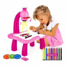طاولة الرسم التعليمية بالبروجكتر للأطفال مع 24 رسمة و12 قلم تلوين مائي Kids Projector Drawing Table with 24 Patterns & 12 Water Color Pens