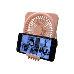 مروحة مكتبية مع حامل هاتف عملية وبشكل انيق عصري A stylish and modern desk fan with a built-in phone holder