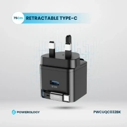 شاحن جداري "باورولوجي" ذكي بقوة 35 واط بتقنية GaN مع كابل Type-C مدمج قابل للسحب - أسود Powerology 35W Retractable GaN Charger with 75cm Type-C Cable – Black