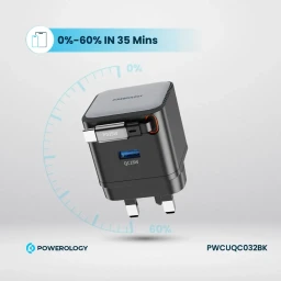شاحن جداري "باورولوجي" ذكي بقوة 35 واط بتقنية GaN مع كابل Type-C مدمج قابل للسحب - أسود Powerology 35W Retractable GaN Charger with 75cm Type-C Cable – Black