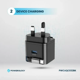 شاحن جداري "باورولوجي" ذكي بقوة 35 واط بتقنية GaN مع كابل Type-C مدمج قابل للسحب - أسود Powerology 35W Retractable GaN Charger with 75cm Type-C Cable – Black