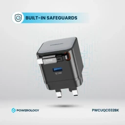 شاحن جداري "باورولوجي" ذكي بقوة 35 واط بتقنية GaN مع كابل Type-C مدمج قابل للسحب - أسود Powerology 35W Retractable GaN Charger with 75cm Type-C Cable – Black
