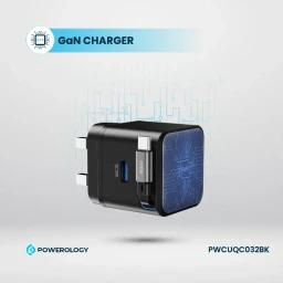 شاحن جداري "باورولوجي" ذكي بقوة 35 واط بتقنية GaN مع كابل Type-C مدمج قابل للسحب - أسود Powerology 35W Retractable GaN Charger with 75cm Type-C Cable – Black