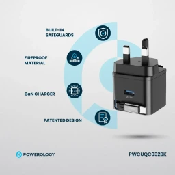 شاحن جداري "باورولوجي" ذكي بقوة 35 واط بتقنية GaN مع كابل Type-C مدمج قابل للسحب - أسود Powerology 35W Retractable GaN Charger with 75cm Type-C Cable – Black