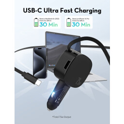 شاحن سيارة 75 واط مع كيبل تايب سي مدمج RAVPOWER RP-VC1021 60W BULIT IN USB-C CABLE CAR CHARGER