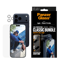 باقة الحماية المتكاملة 2 في 1 "بانزر جلاس" لشاشة وكاميرا آيفون 17 برو ماكس - شفاف PanzerGlass 2in1 (Classic Fit Screen Protector + Hoops Camera Lens Protector) for iPhone 17 Pro Max