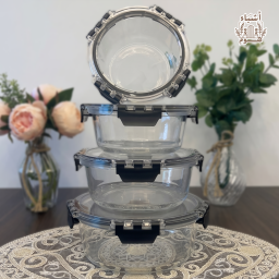 طقم حافظات طعام زجاجية دائرية فاخرة بمشابك إغلاق محكمة (4 قطع) Premium Round Glass Food Storage Containers Set with Airtight Locking Lids - 4 Pcs
