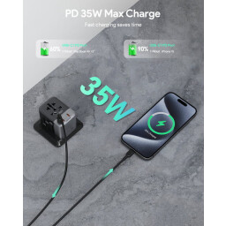 اوكي محول طاقة عالمي مزود بمنفذي تيار متردد، منفذي USB A، ثلاثة منافذ USB C، بقدرة 35 واط Aukey Universal Adapter With 2 Ac Sockets, 2 USB-A & 3 USB-C Ports, 35W