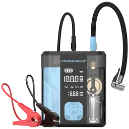 باورولوجي 3 في 1 مشغل بطارية وضاغط إطارات وباور بانك Powerology 3-In-1 Jump Starter & Tire Inflator - Black/Blue