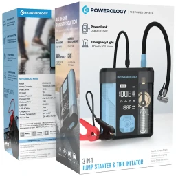 باورولوجي 3 في 1 مشغل بطارية وضاغط إطارات وباور بانك Powerology 3-In-1 Jump Starter & Tire Inflator - Black/Blue