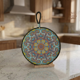 قاعدة تقديم حرارية دائرية بنقوش الماندالا مع حبل تعليق (قطر 13 سم) Circular Ceramic Hot Pot Coaster with Mandala Pattern & Hanging Rope (13 cm)