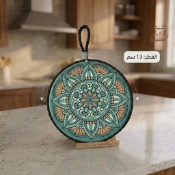 قاعدة تقديم حرارية دائرية بنقوش الماندالا الفيروزية مع حبل تعليق (قطر 13 سم) Circular Ceramic Hot Pot Coaster with Mint & Turquoise Mandala Pattern
