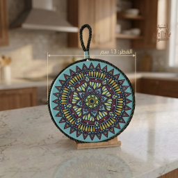 قاعدة تقديم حرارية دائرية بنقوش الماندالا العنابية والصفراء مع حبل تعليق (قطر 13 سم) Circular Ceramic Hot Pot Coaster with Burgundy & Yellow Mandala Pattern