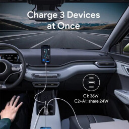 أوكي باثفايندر شاحن سيارة سريع الشحن بقوة 66 واط، 3 منافذ، حماية أمان، مؤشر LED Aukey Pathfinder 66W Fast Charging Car Charger, 3 Ports, Safety Protection, Led Indicator