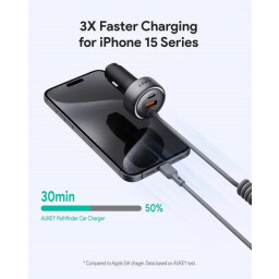 أوكي باثفايندر سلينج شاحن سيارة سريع الشحن بقوة 72 واط مع كابل USB C مدمج ومؤشرLED Aukey Pathfinder Sling 72W Fast Charging Car Charger With Built-In USB C Cable, With Led Indicator