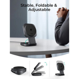 أوكي ماج فيوجن محطة شحن لاسلكية 2 في 1 Qi2، شحن حتى 15 واط، USB C، قابلة للطي Aukey MagFusion 2 In 1 Qi2 Wireless Charging Station, Charging Up To 15W, USB C Power, Folds Flat For Easy Storage