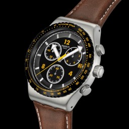 ساعة لكلا الجنسين كرونوغراف 43 ملم بسوار جلد بني Swatch Canyon Chaser Chronograph Watch 43 mm Brown Leather Strap