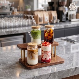 كوب زجاجي شفاف للقهوة الباردة بغطاء خيزران وماصة زجاجية Bamboo Lid Can-Style Glass Cup for Iced Coffee with Glass Straw