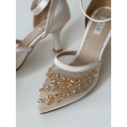 حذاء زفاف ومناسبات أمبر من ليلو بدبان طبي - تطريز ذهبي LILO Amber Wedding Heels - Off White