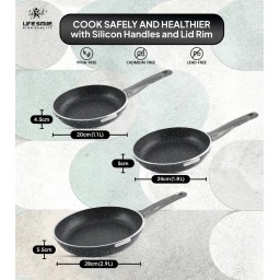 طقم مقالي (طاوات) 3 قطع من الغرانيت الصحي مانع للالتصاق بتصميم حجري مميز Cooking pan set from Life Smile