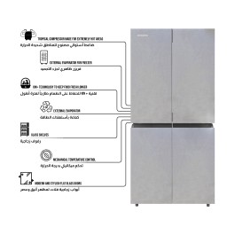 ثلاجة 4 أبواب نظام تبريد مباشر - تصميم زجاج رصاصي Shownic 4 Doors Refrigerator – Silver
