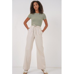 بنطلون نسائي واسع الساق بخصر عالٍ - كريمي Women's Wide Leg High Waist Trousers - Cream