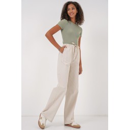 بنطلون نسائي واسع الساق بخصر عالٍ - كريمي Women's Wide Leg High Waist Trousers - Cream