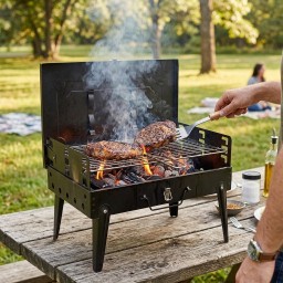 منقلة شواء محمولة قابله للفتح والطي وبتصميم عصري Portable barbecue grill that opens and folds with a modern design