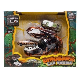 مجموعة سيارات معدنية تفاعلية مع مجسم رأس ديناصور مفترس Dinosaur Car Series Metal Die-Cast Cars Play Set with Dinosaur Head Launcher